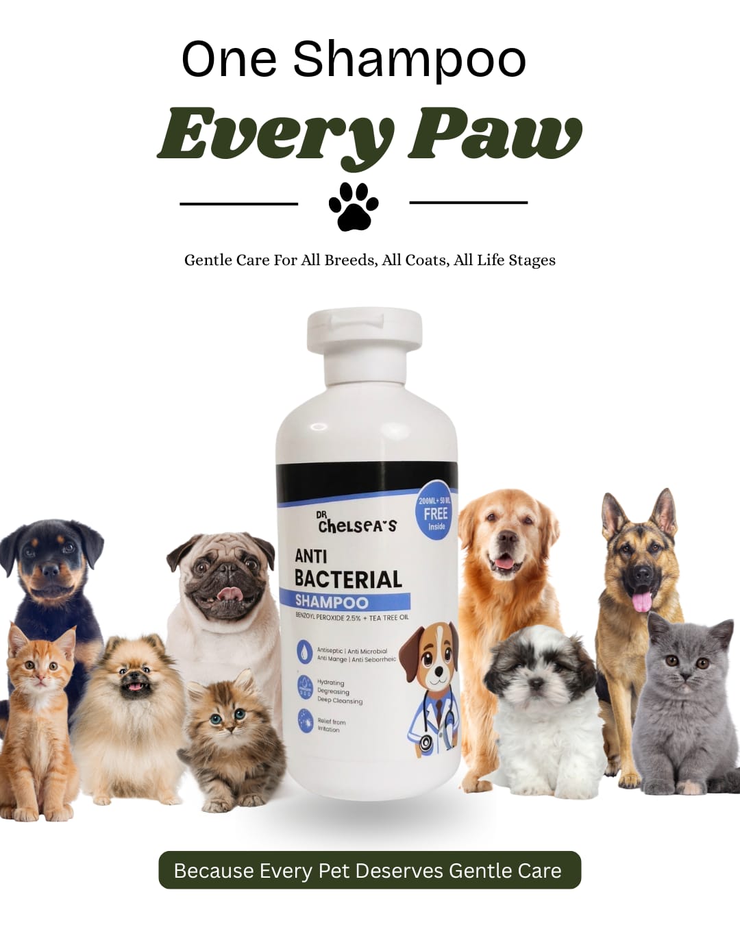 Dr. Chelsea’s Anti-Bacterial Dog Shampoo |Tea Tree Oil | For Itching, Skin Infection & Dandruff | 250 ml