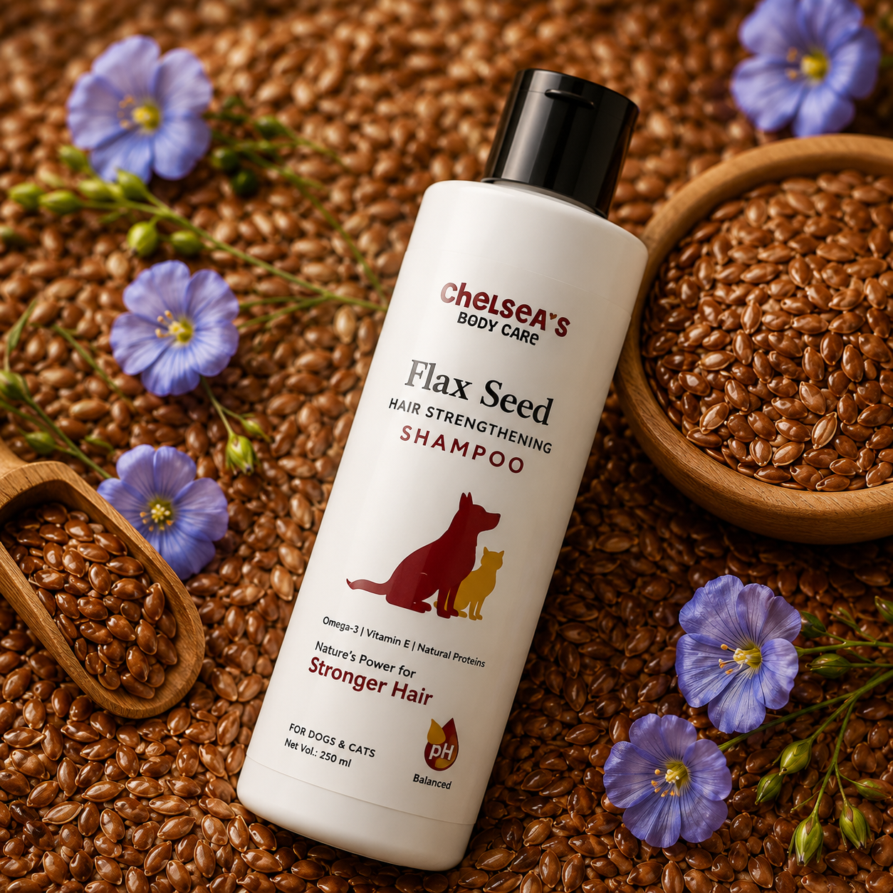 ChelSea’s Flax Seed Dog Shampoo 250ml | Hair Strengthening & Anti Hair Fall Pet Shampoo | Herbal Formula with Amla, Shikakai & Bhringraj | For Dogs & Cats | Soft & Shiny Coat