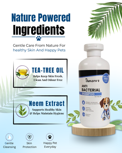 Dr. Chelsea’s Anti-Bacterial Dog Shampoo |Tea Tree Oil | For Itching, Skin Infection & Dandruff | 250 ml